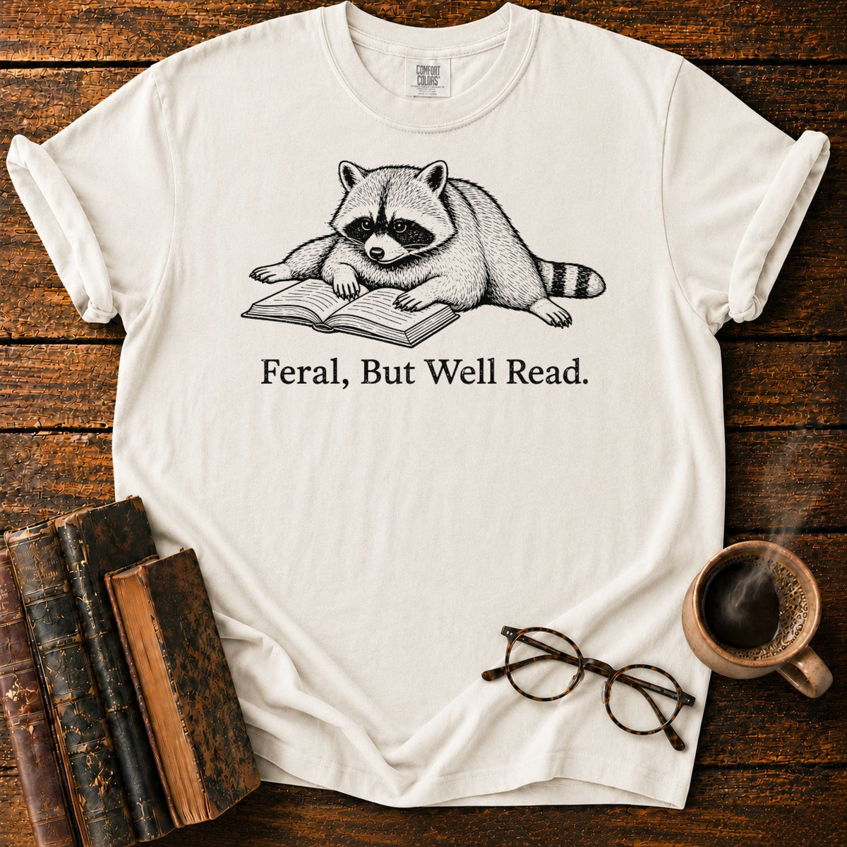 Feral But Well Read Raccoon Lineart T-Shirt in White – BooksThreads