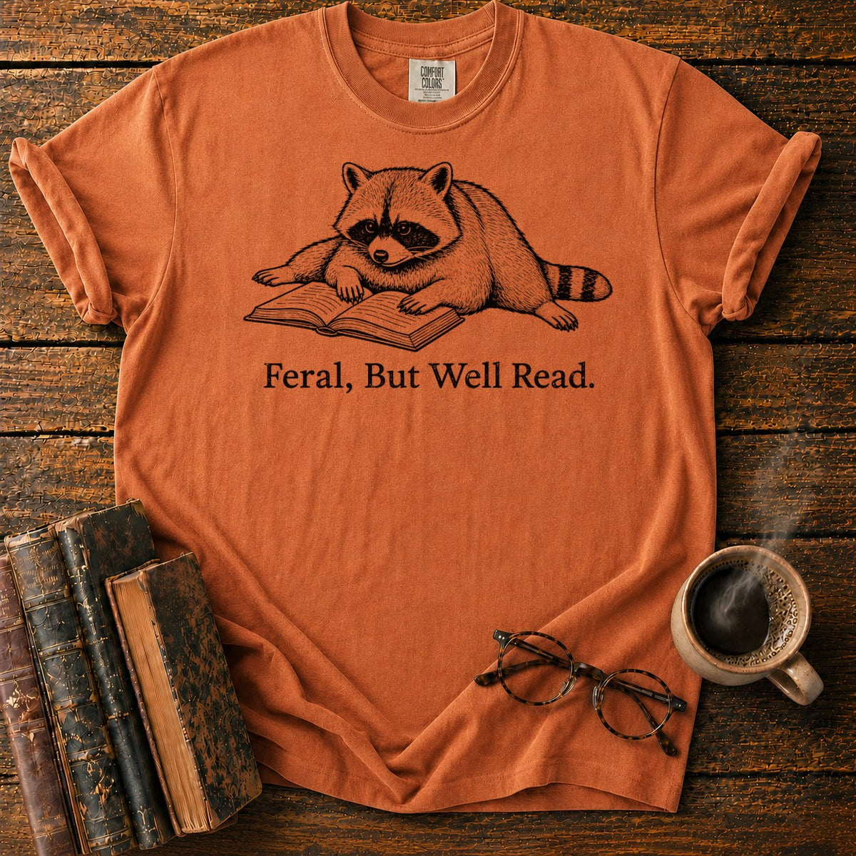 Feral But Well Read Raccoon Lineart T-Shirt in Yam – BooksThreads