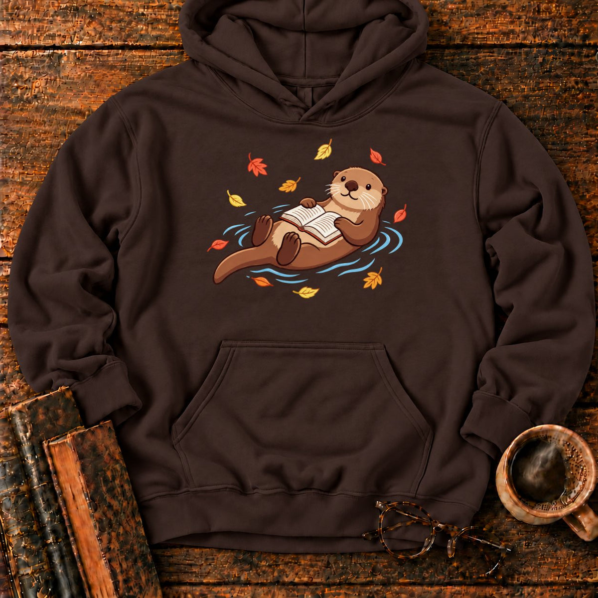 Floating Otter Reading Among Autumn Leaves Hoodie in Dark Chocolate – BooksThreads