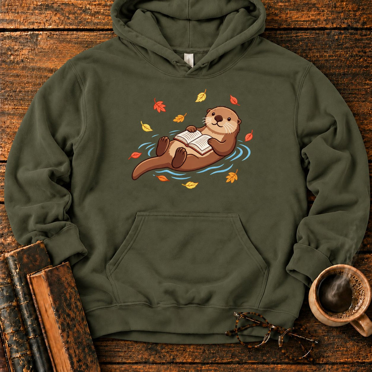 Floating Otter Reading Among Autumn Leaves Hoodie in Military Green – BooksThreads