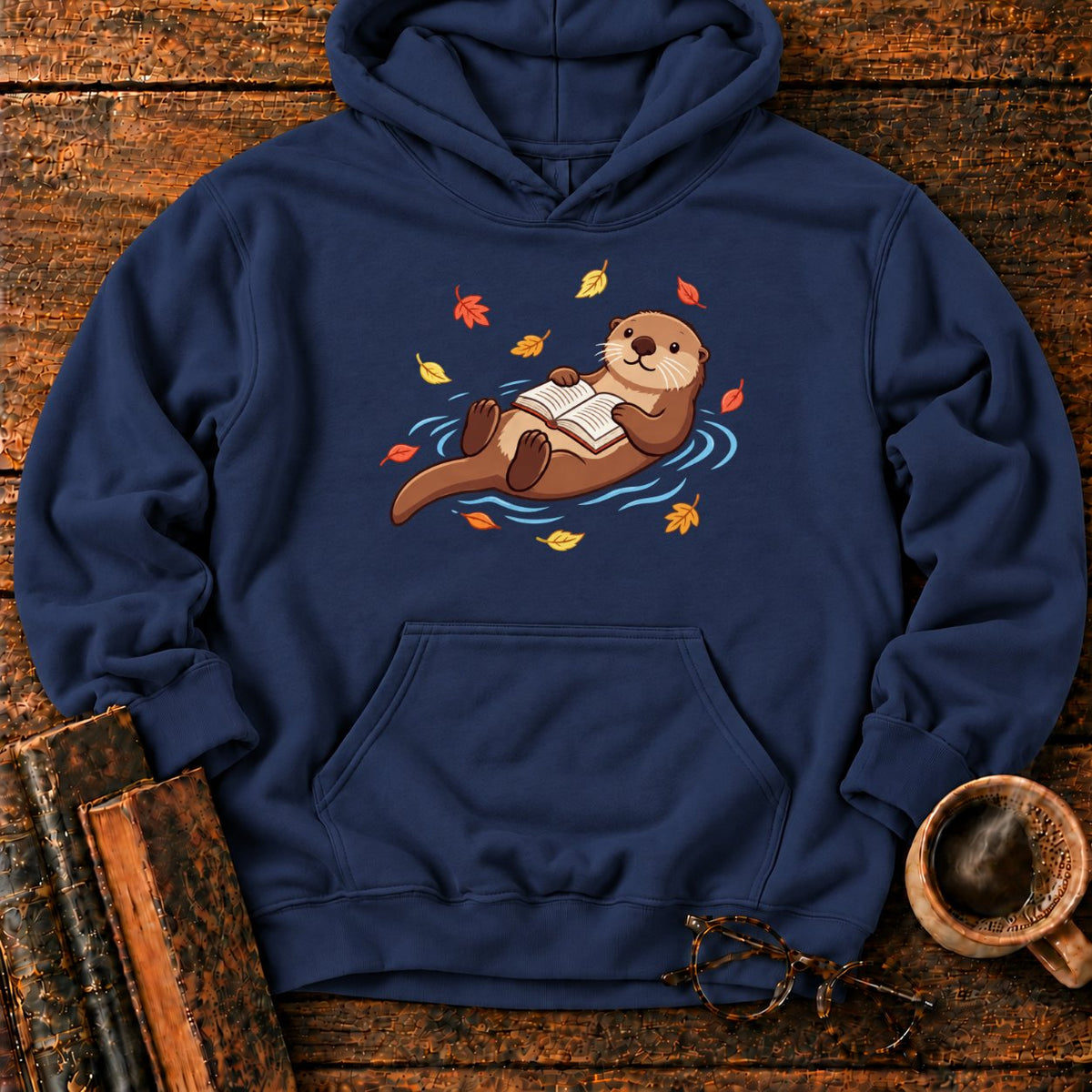 Floating Otter Reading Among Autumn Leaves Hoodie in Navy – BooksThreads