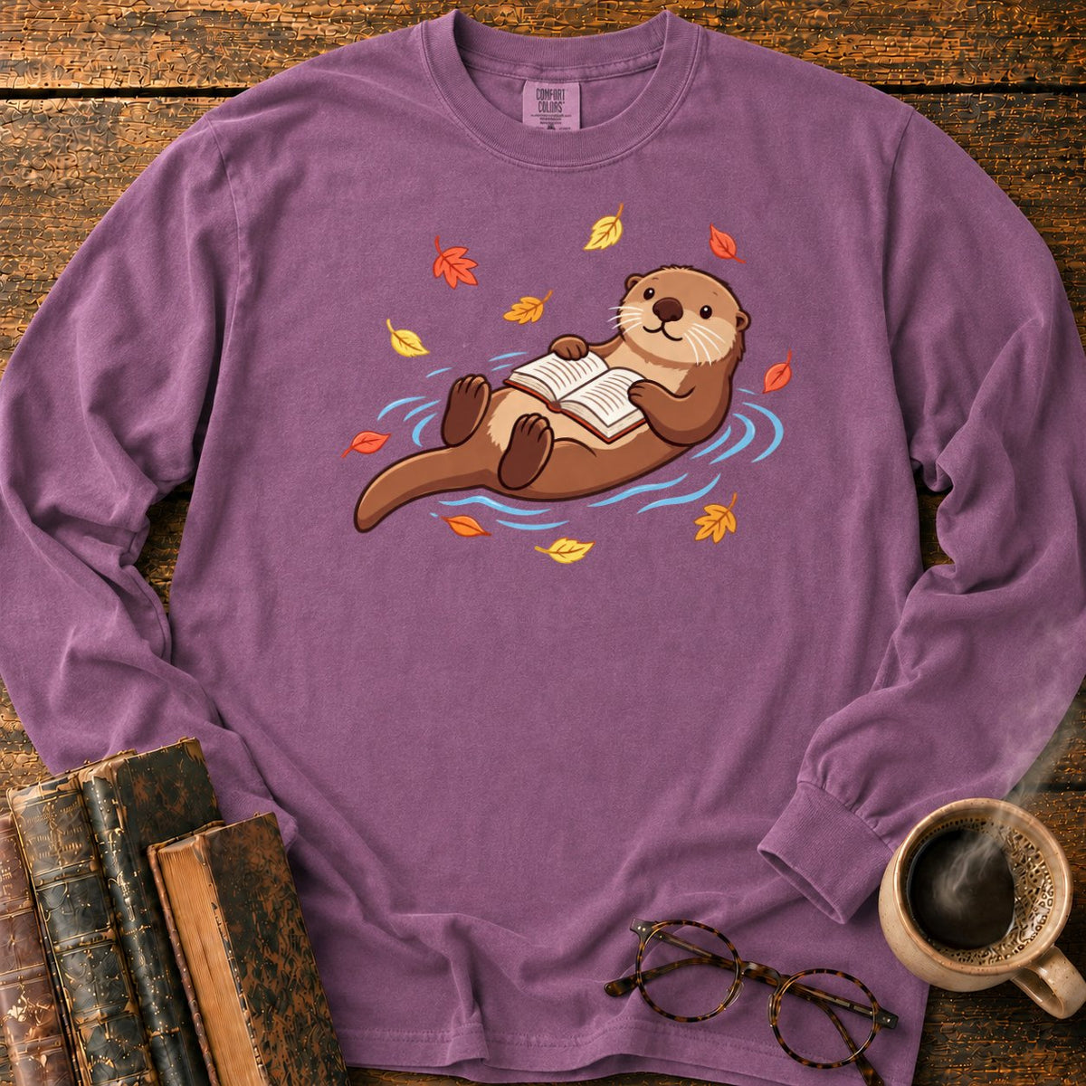 Floating Otter Reading Among Autumn Leaves LS T-Shirt in Berry – BooksThreads