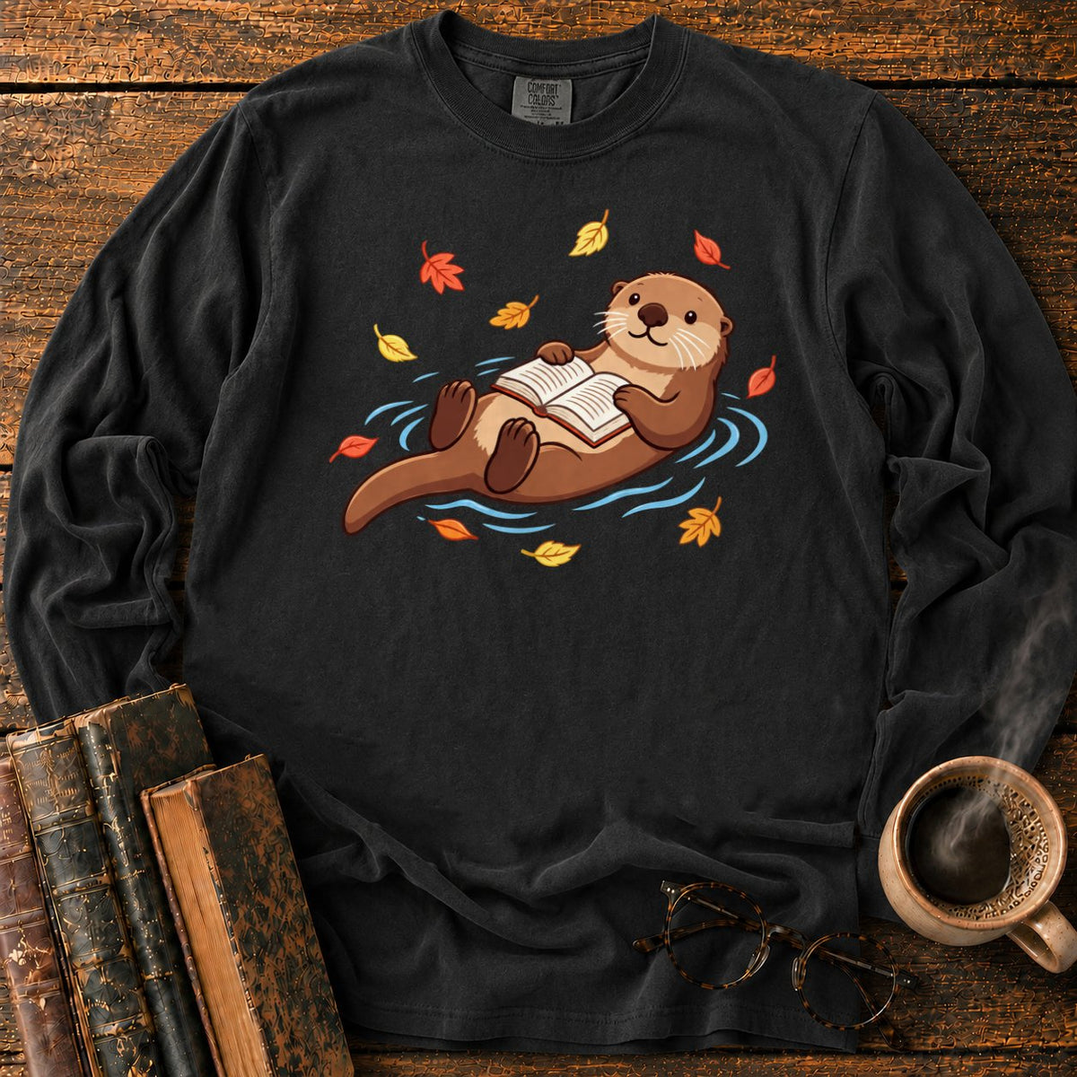 Floating Otter Reading Among Autumn Leaves LS T-Shirt in Black – BooksThreads