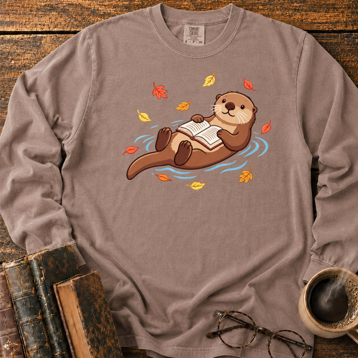 Floating Otter Reading Among Autumn Leaves LS T-Shirt in Espresso – BooksThreads