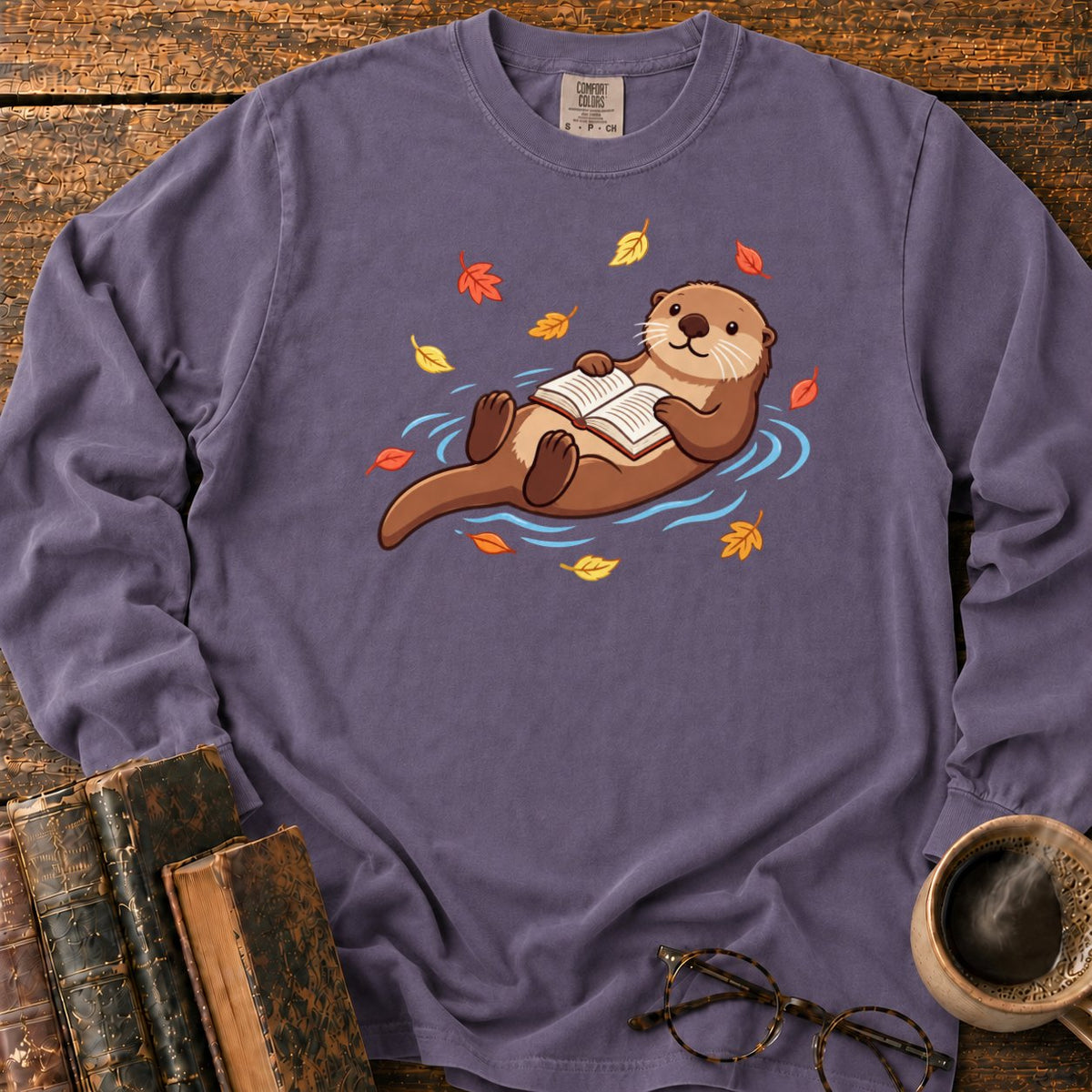 Floating Otter Reading Among Autumn Leaves LS T-Shirt in Grape – BooksThreads