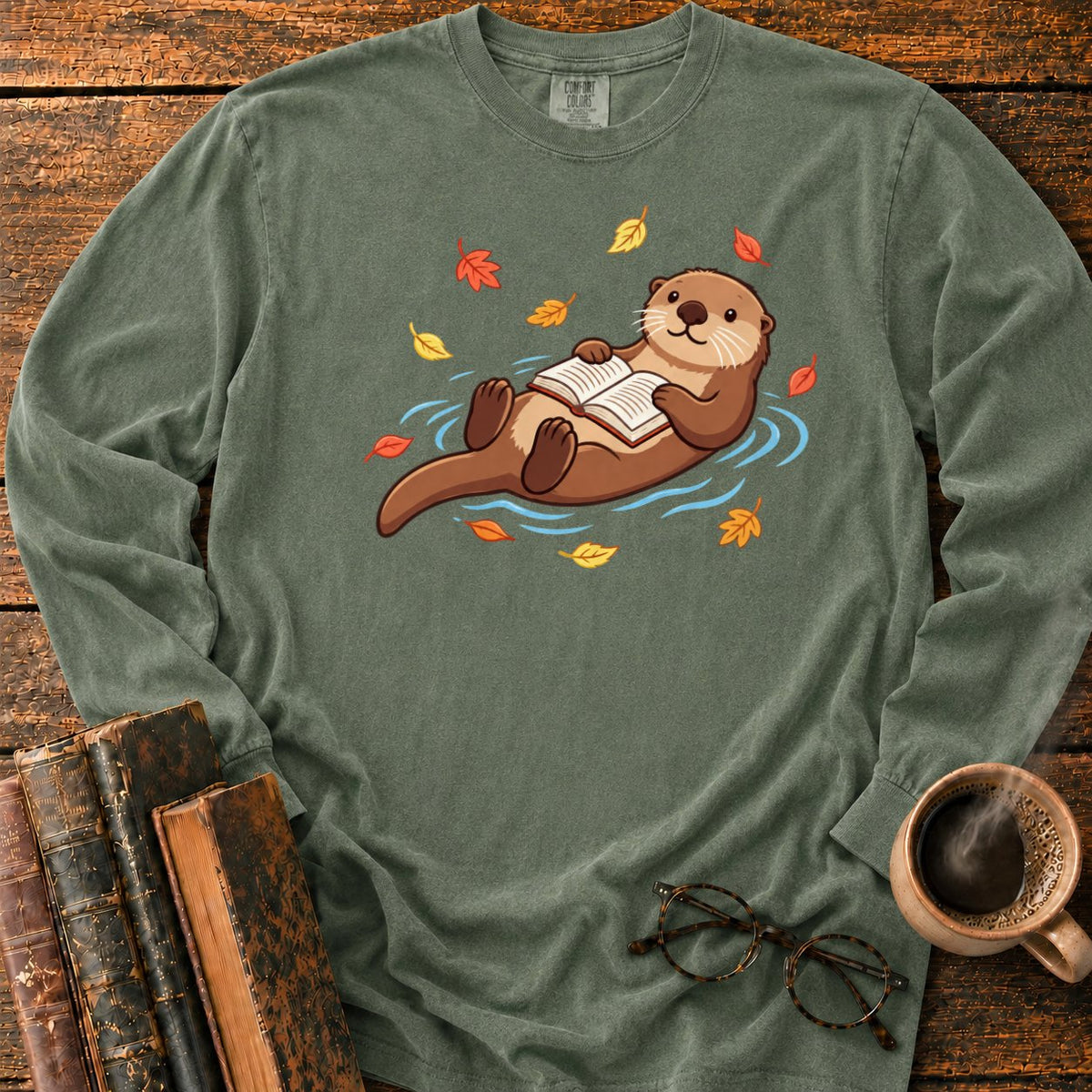 Floating Otter Reading Among Autumn Leaves LS T-Shirt in Hemp – BooksThreads