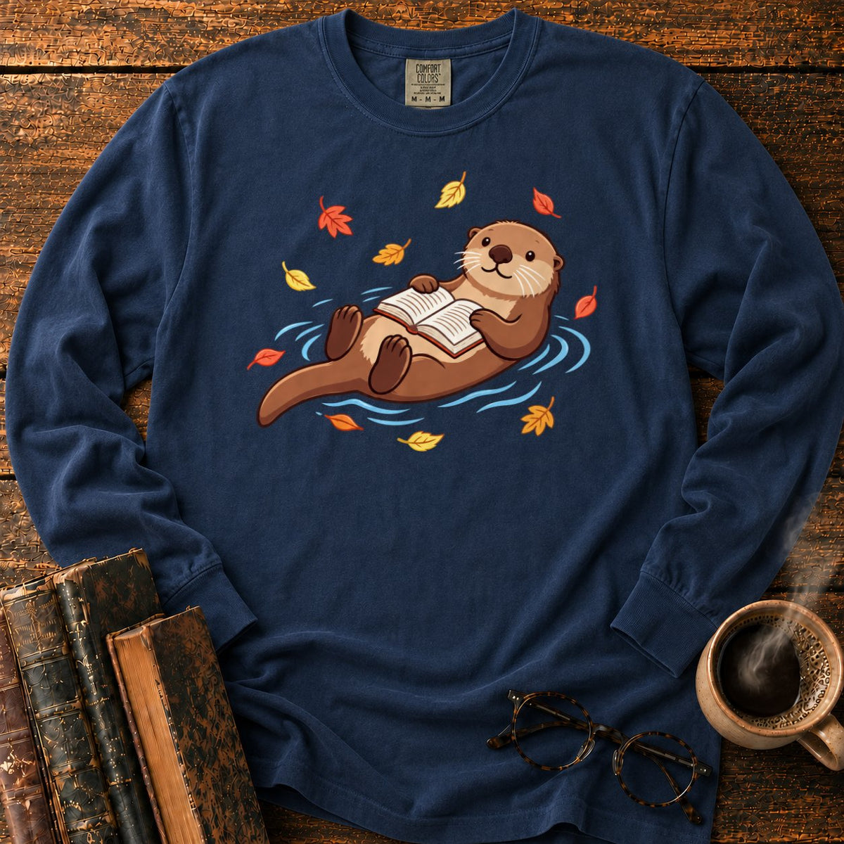 Floating Otter Reading Among Autumn Leaves LS T-Shirt in Midnight – BooksThreads