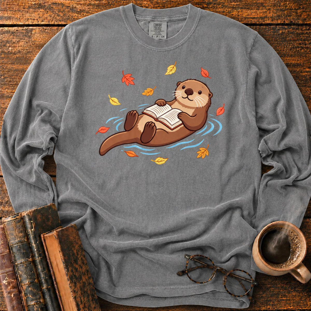 Floating Otter Reading Among Autumn Leaves LS T-Shirt in Pepper – BooksThreads