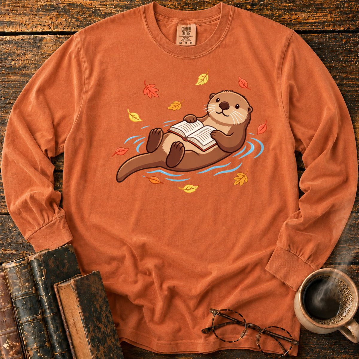 Floating Otter Reading Among Autumn Leaves LS T-Shirt in Yam – BooksThreads