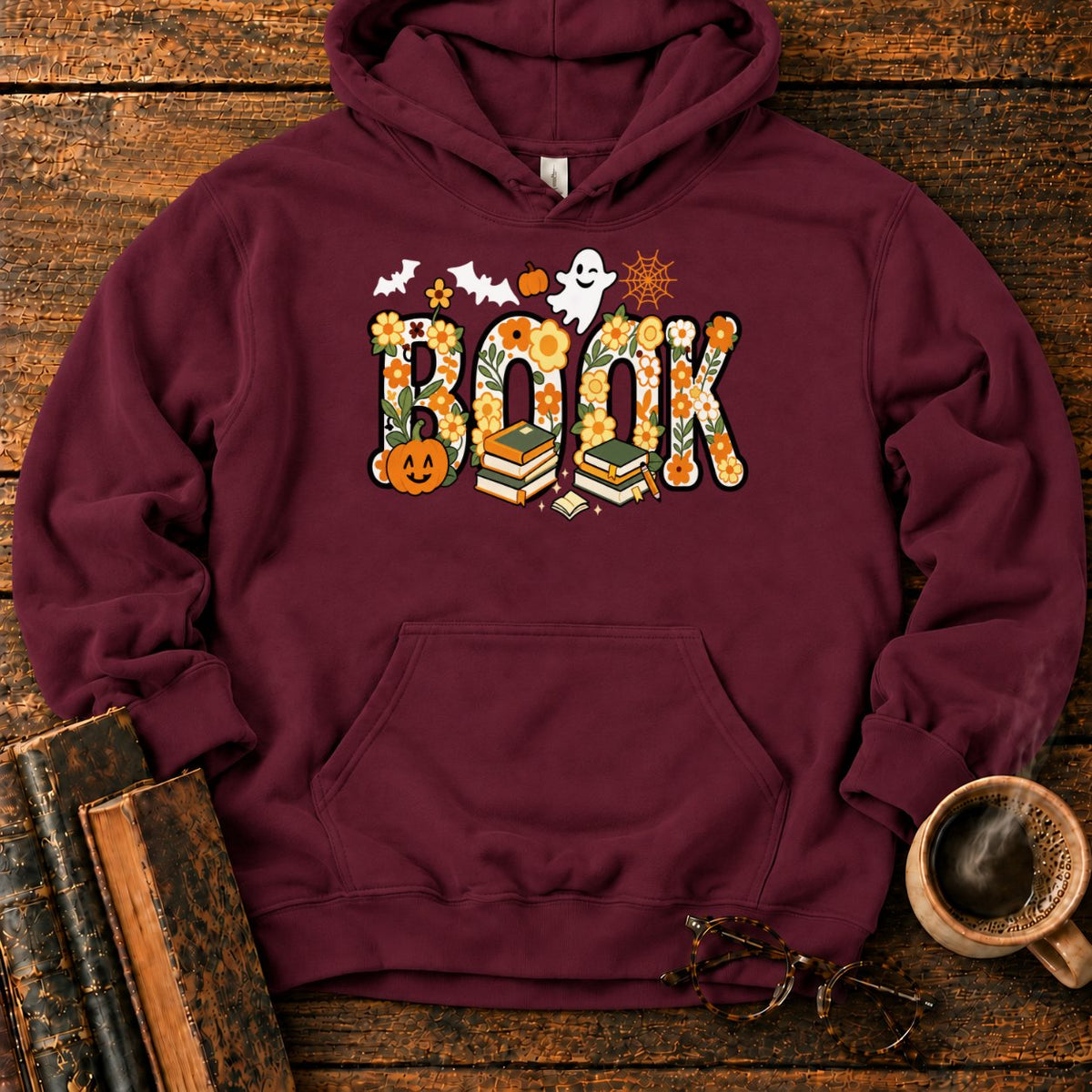 Floral Book Halloween Hoodie in Maroon – BooksThreads