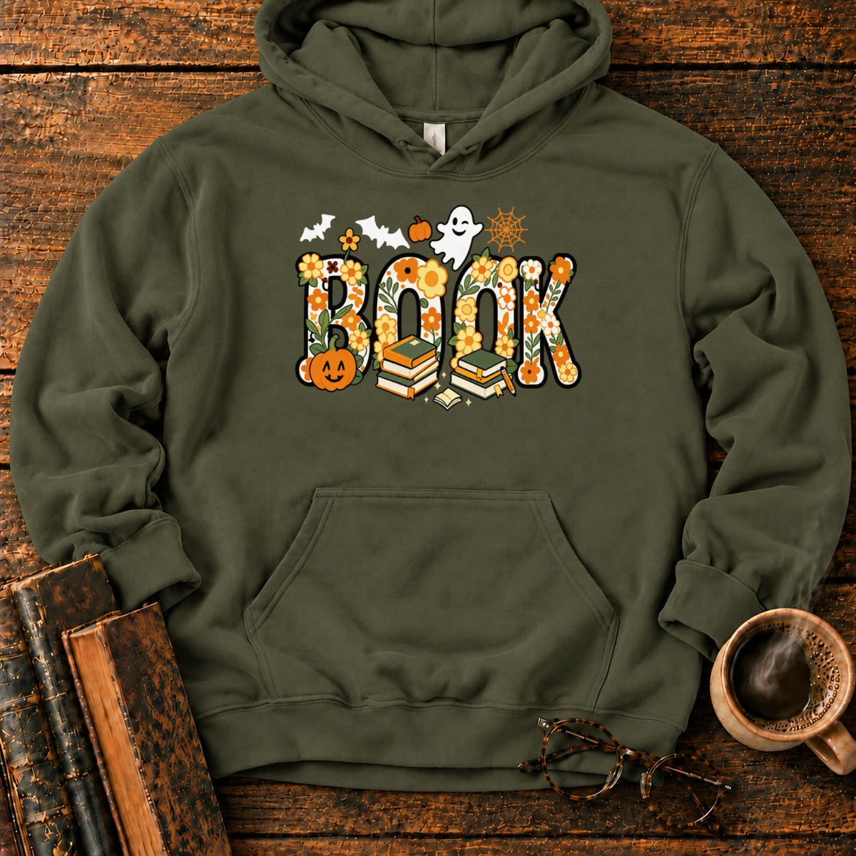 Floral Book Halloween Hoodie in Military Green – BooksThreads