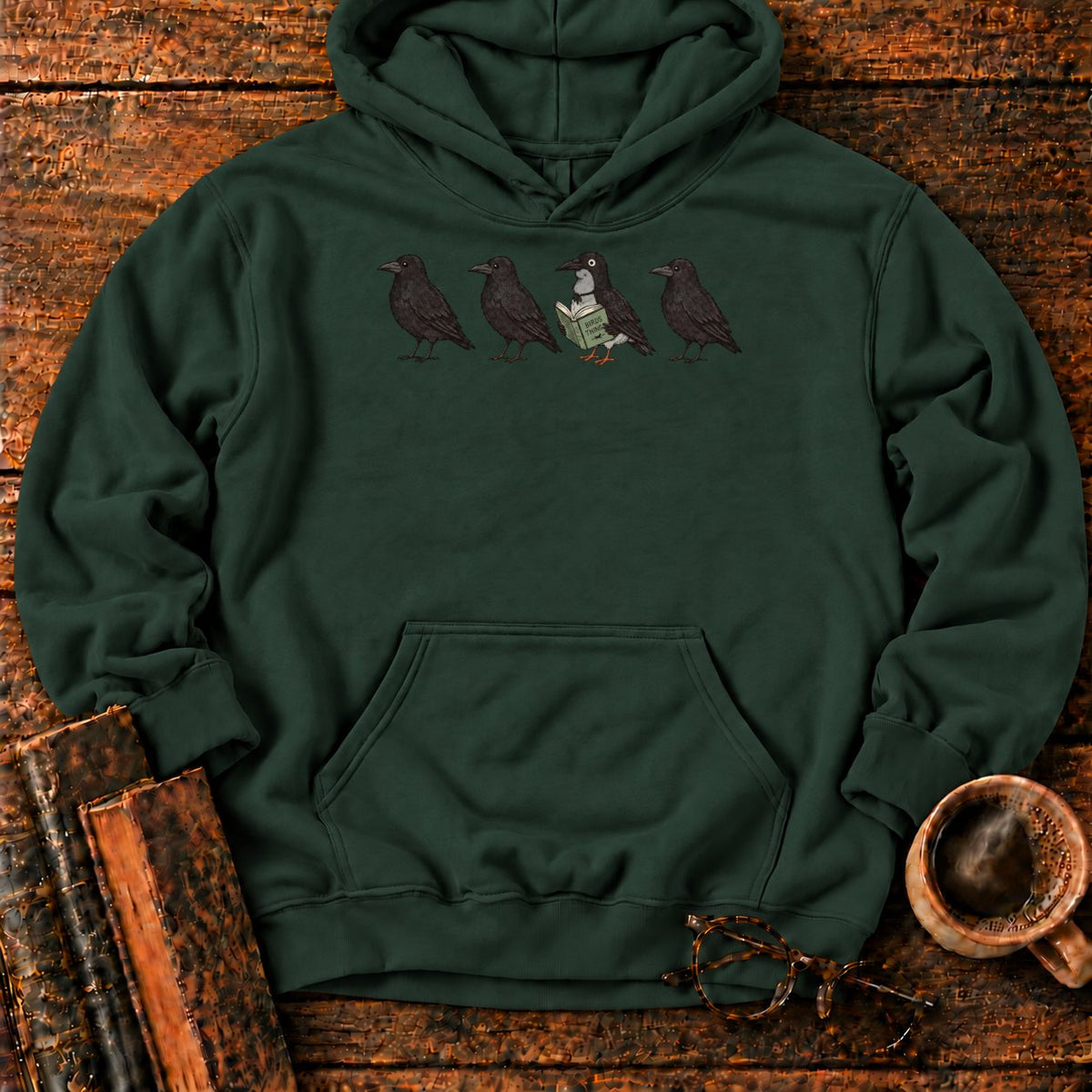 Four Crows, One Reading Crow Hoodie in Forest Green – BooksThreads