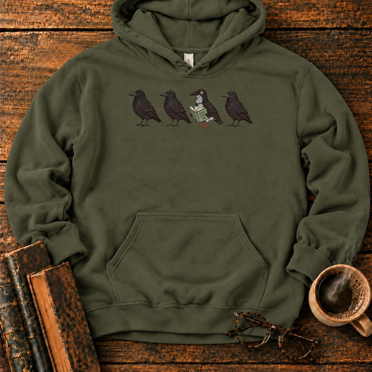 Four Crows, One Reading Crow Hoodie in Military Green – BooksThreads