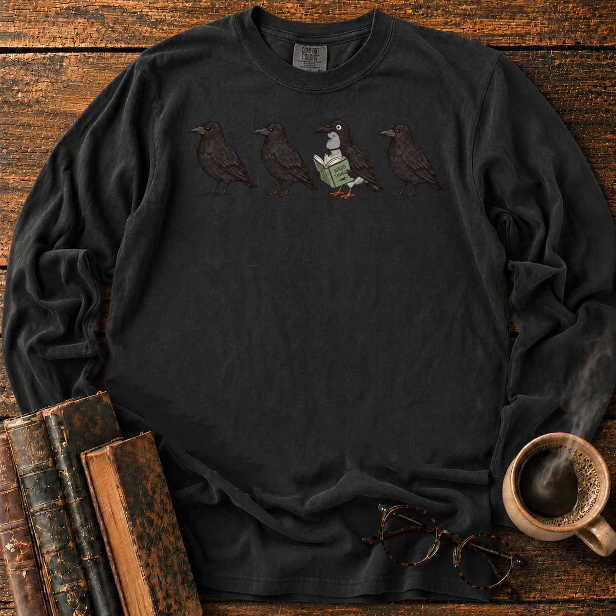 Four Crows, One Reading Crow LS T-Shirt in Black – BooksThreads