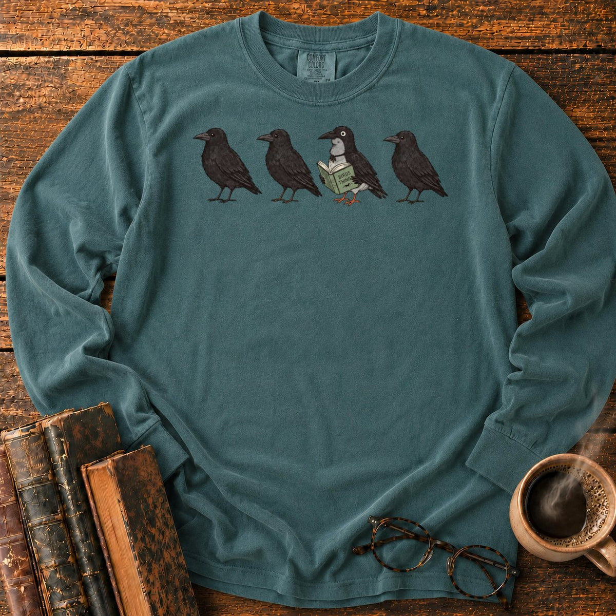 Four Crows, One Reading Crow LS T-Shirt in Blue Spruce – BooksThreads