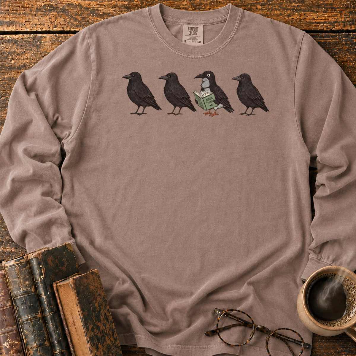 Four Crows, One Reading Crow LS T-Shirt in Espresso – BooksThreads