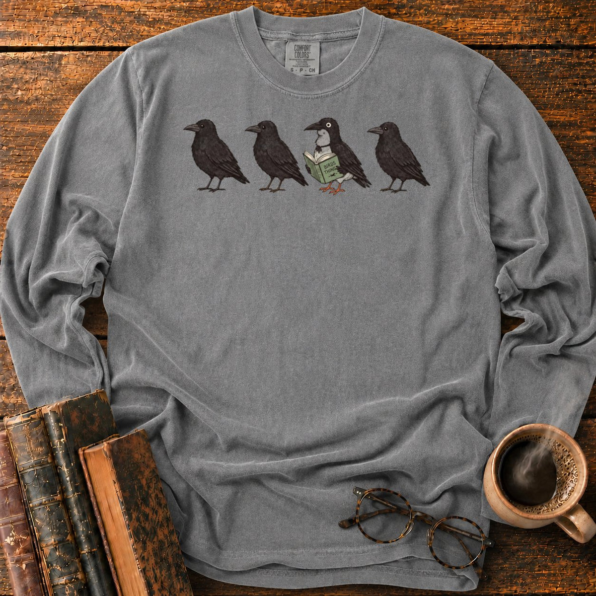 Four Crows, One Reading Crow LS T-Shirt in Pepper – BooksThreads