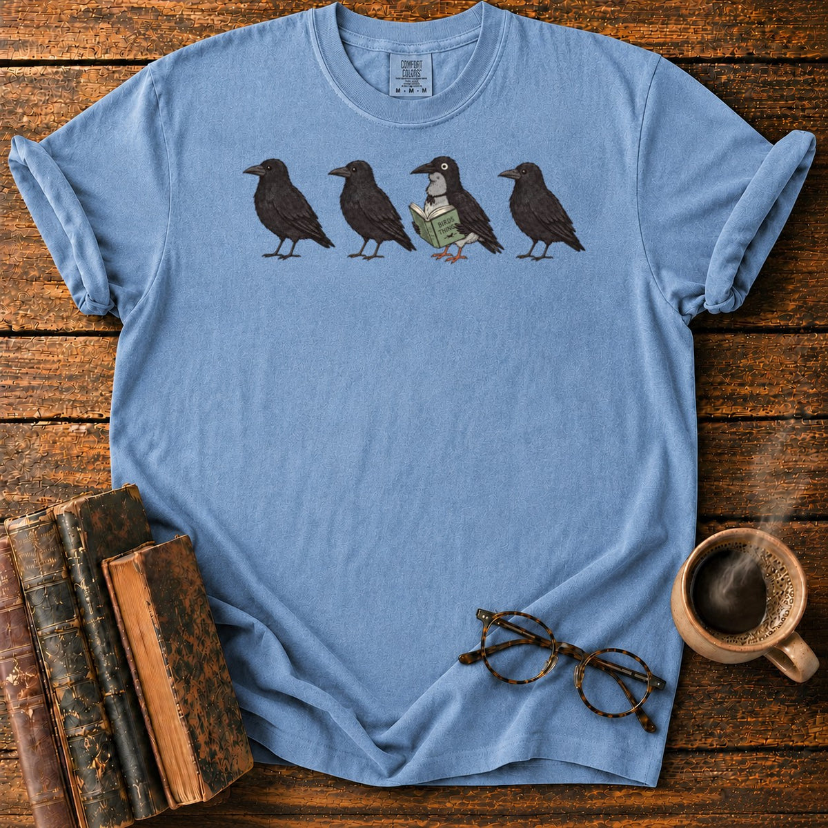 Four Crows, One Reading Crow T-Shirt in Blue Jean – BooksThreads