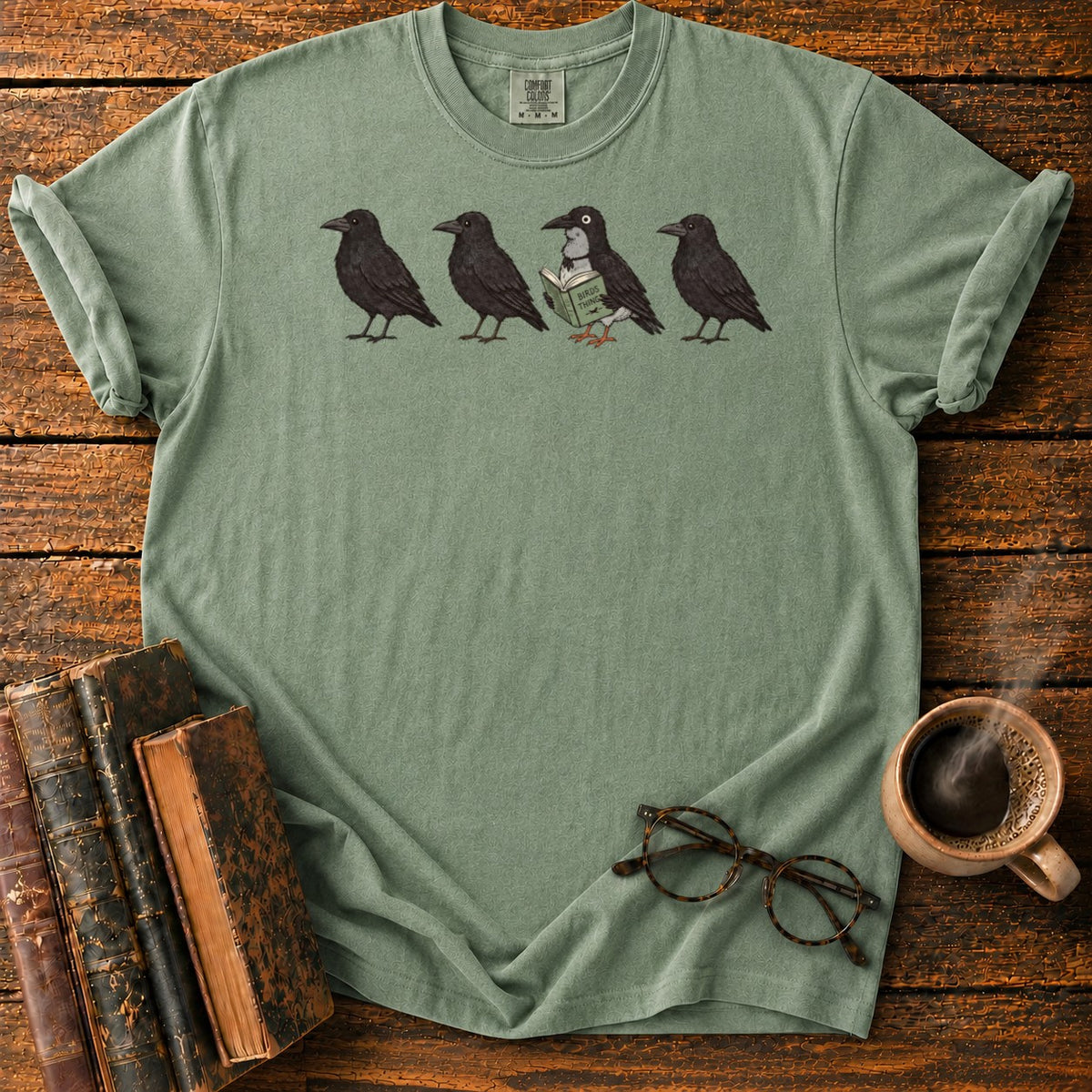 Four Crows, One Reading Crow T-Shirt in Moss – BooksThreads
