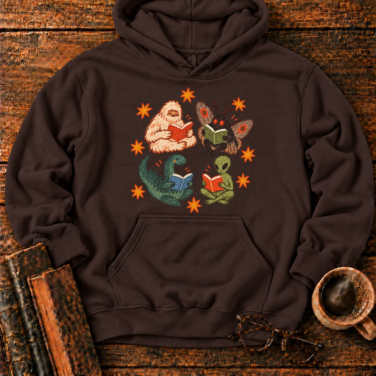 Four Cryptids Reading Hoodie in Dark Chocolate – BooksThreads