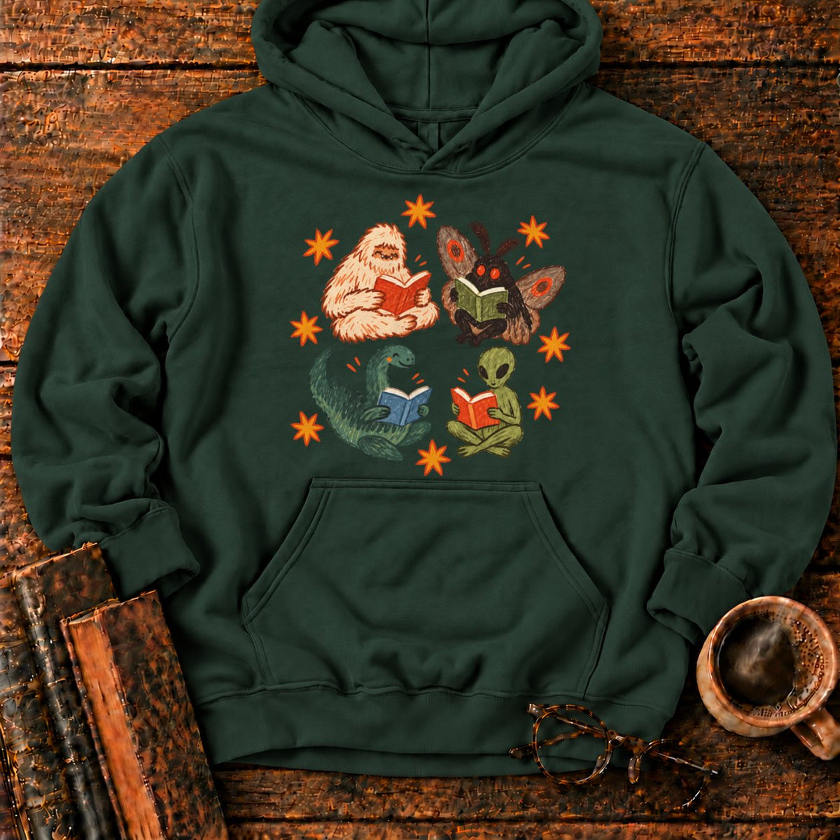 Four Cryptids Reading Hoodie in Forest Green – BooksThreads