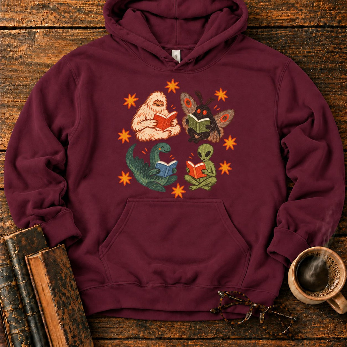 Four Cryptids Reading Hoodie in Maroon – BooksThreads