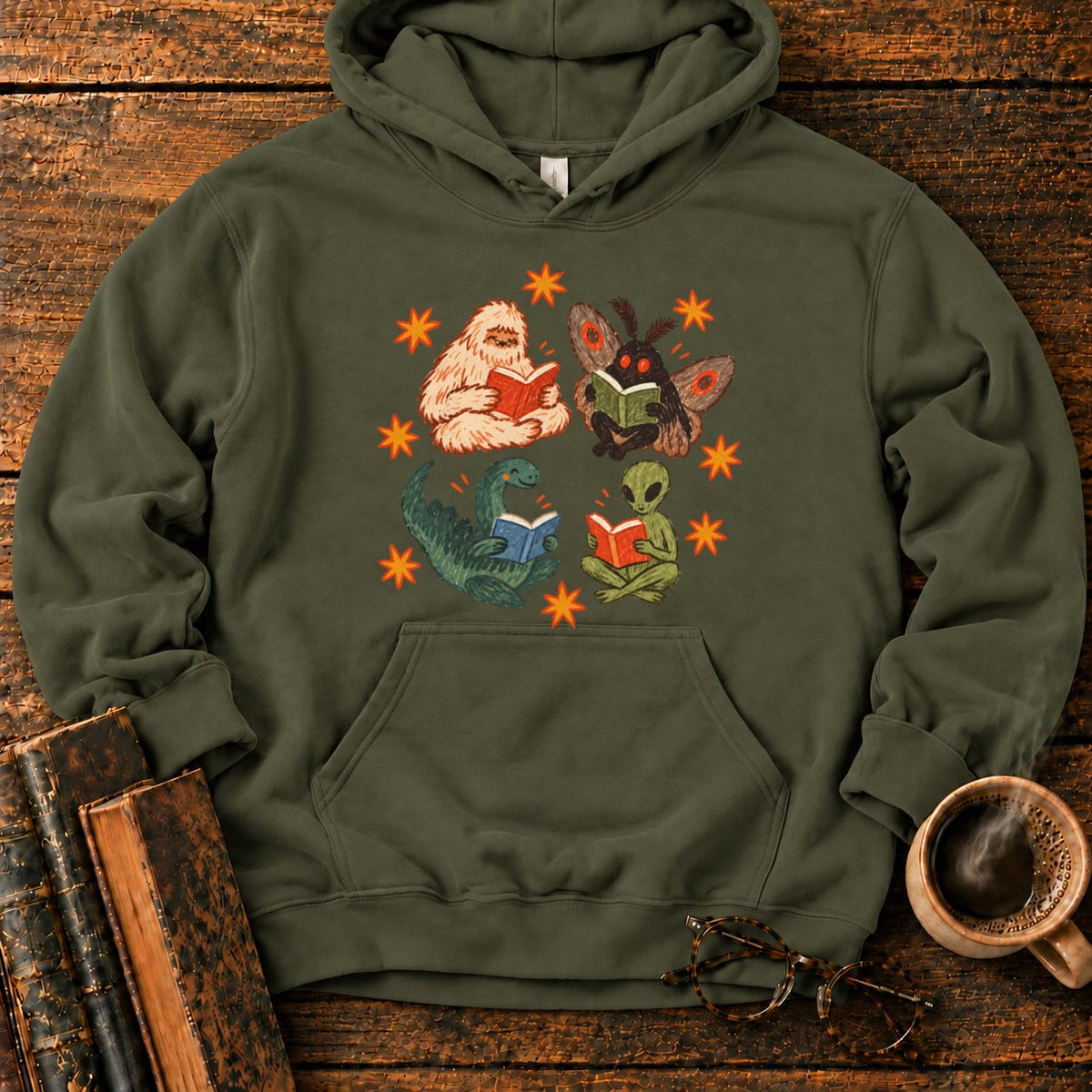 Four Cryptids Reading Hoodie in Military Green – BooksThreads