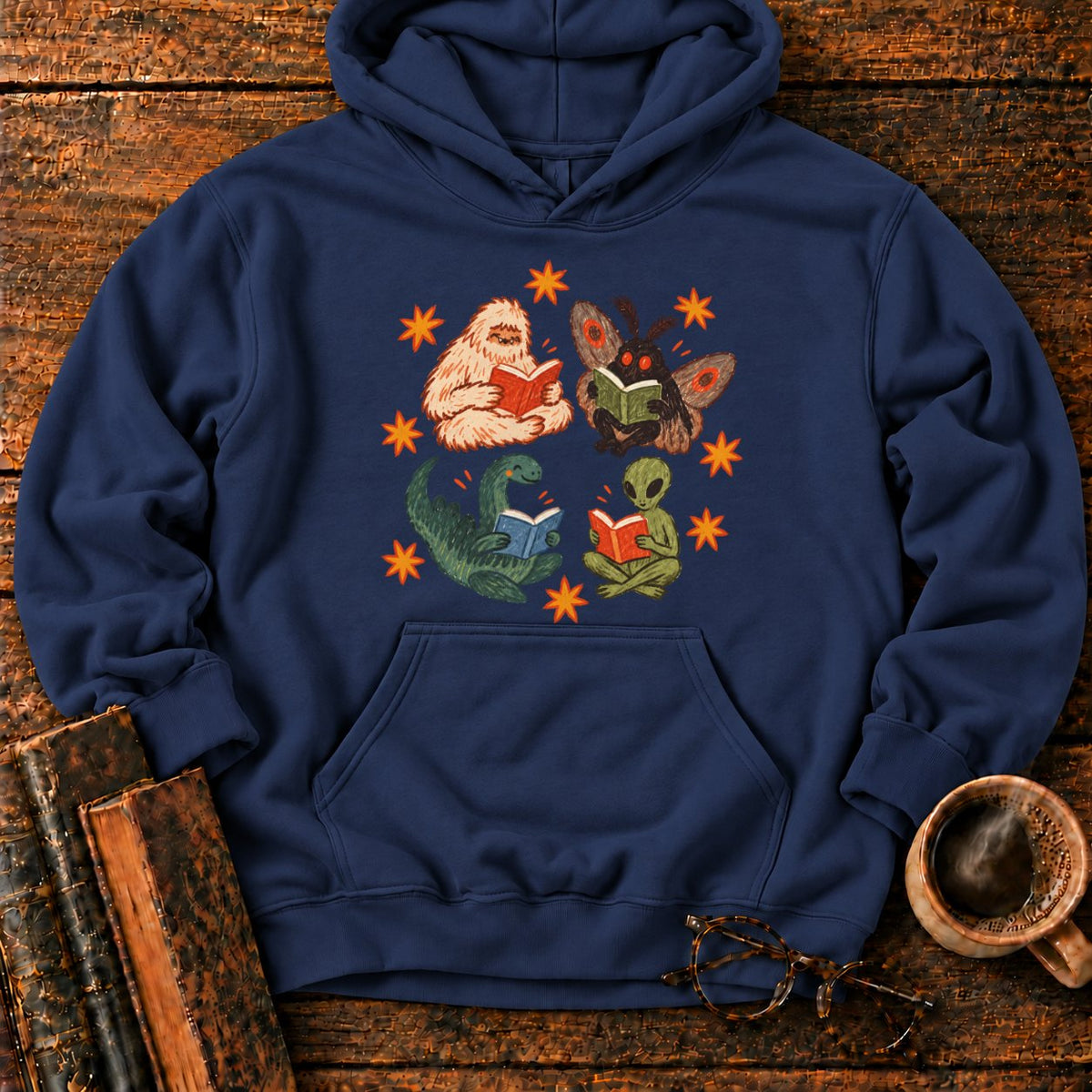 Four Cryptids Reading Hoodie in Navy – BooksThreads