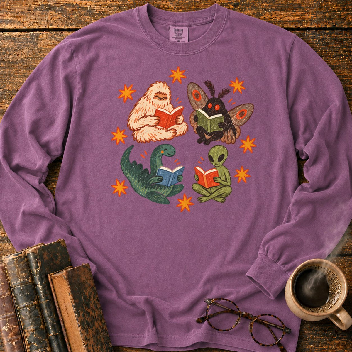 Four Cryptids Reading LS T-Shirt in Berry – BooksThreads