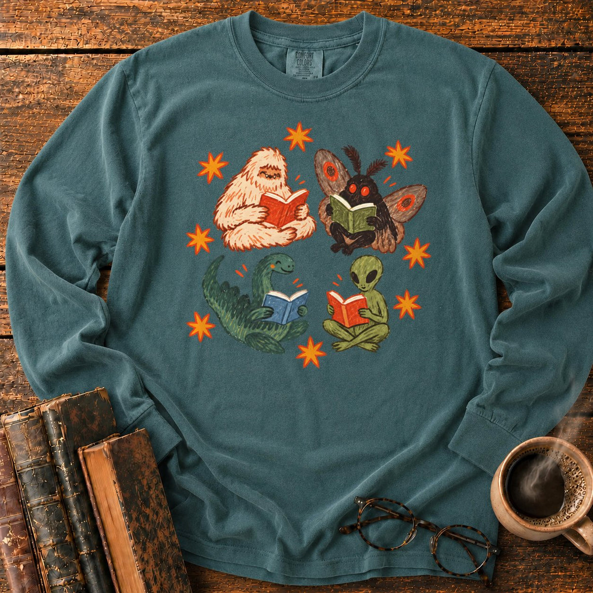 Four Cryptids Reading LS T-Shirt in Blue Spruce – BooksThreads