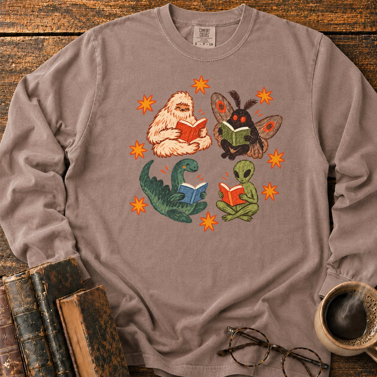 Four Cryptids Reading LS T-Shirt in Espresso – BooksThreads