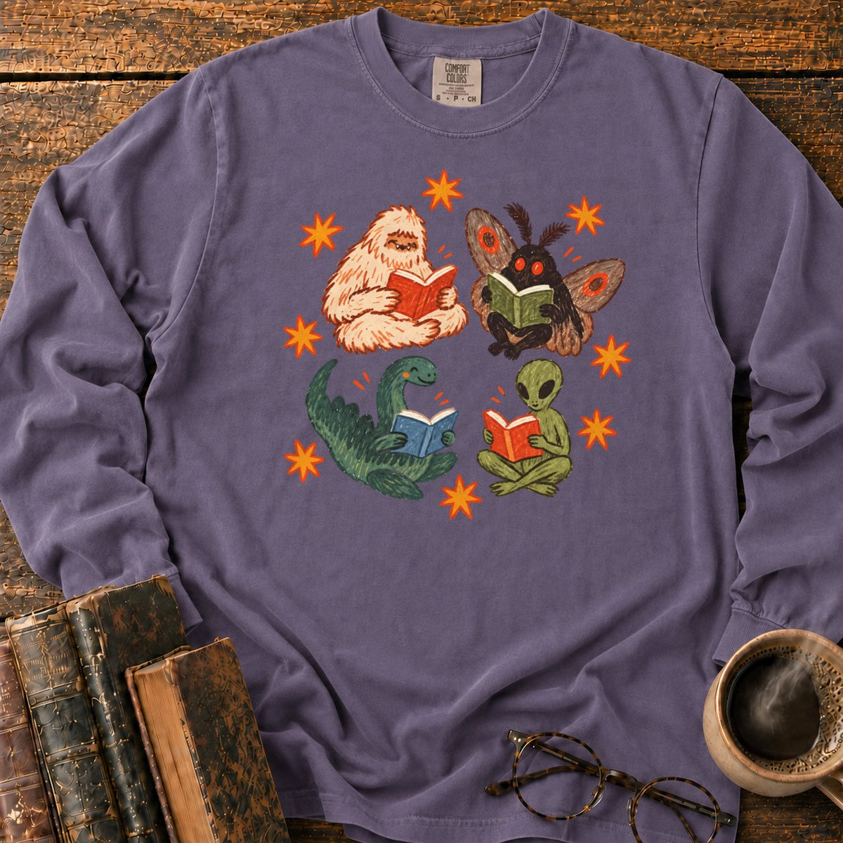 Four Cryptids Reading LS T-Shirt in Grape – BooksThreads