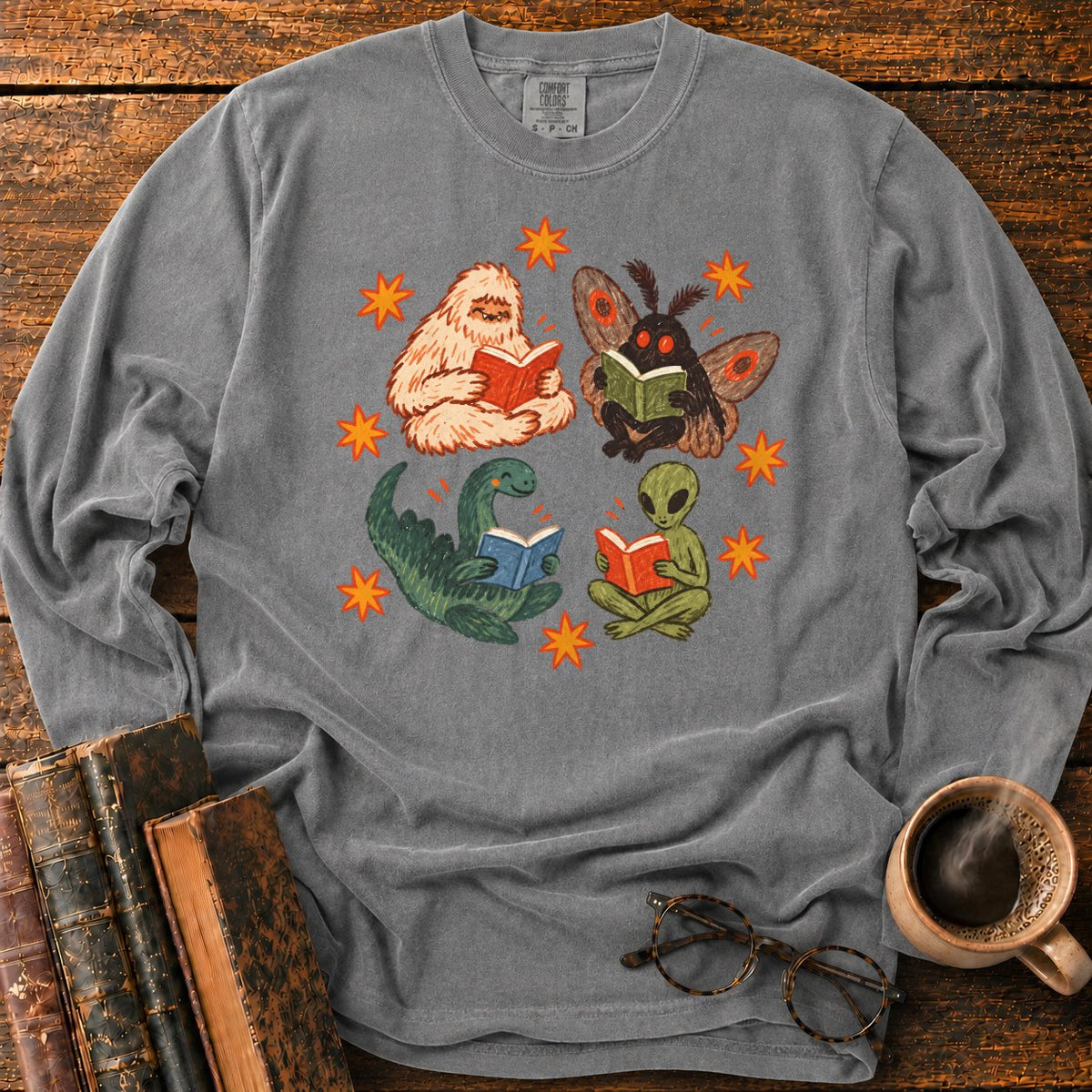 Four Cryptids Reading LS T-Shirt in Pepper – BooksThreads