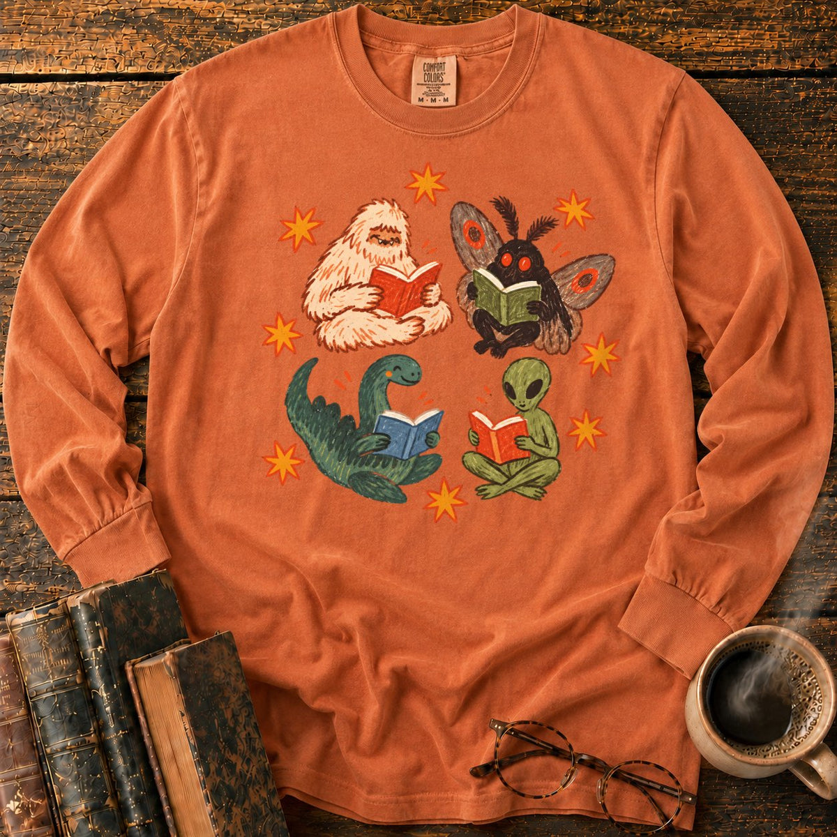Four Cryptids Reading LS T-Shirt in Yam – BooksThreads