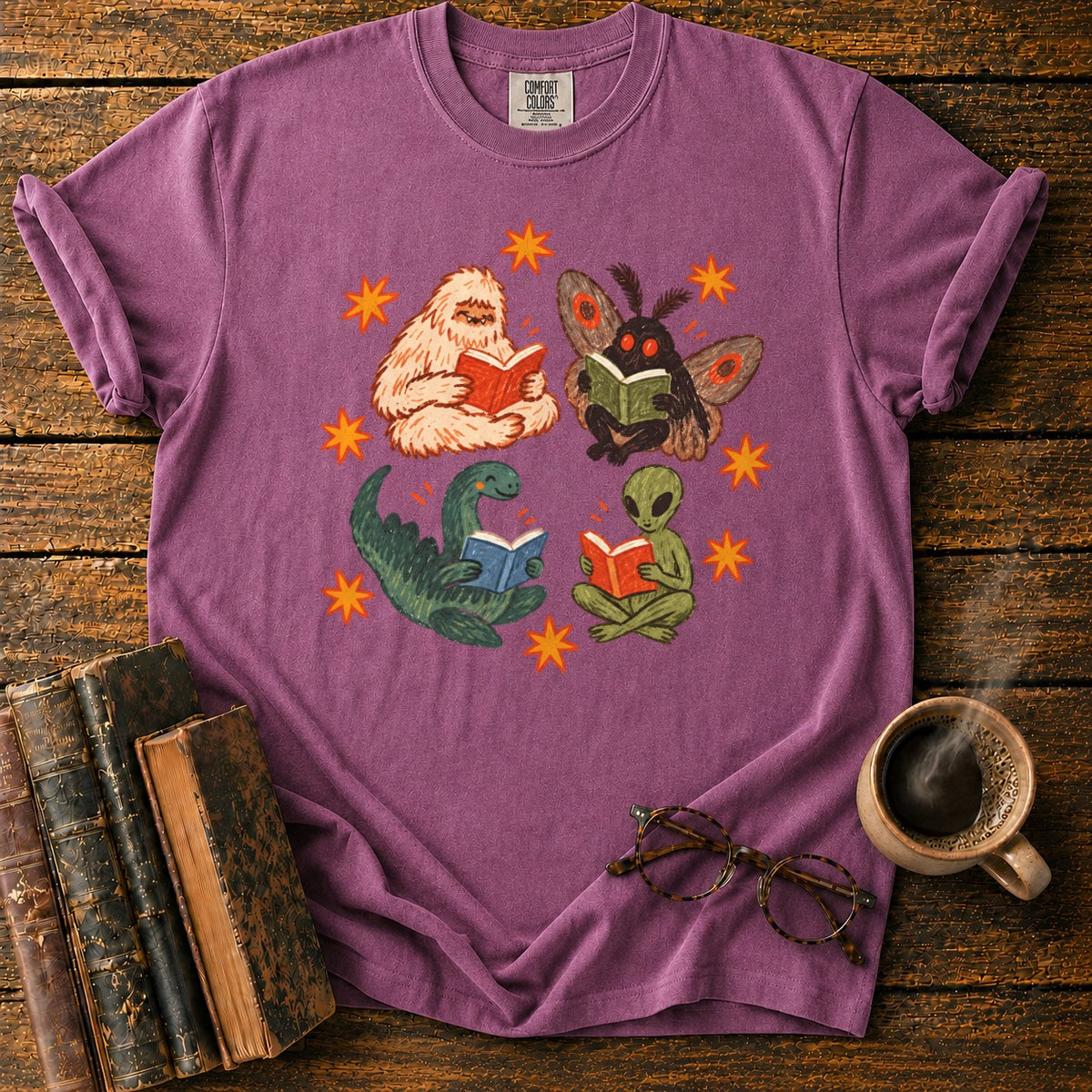 Four Cryptids Reading T-Shirt in Berry – BooksThreads