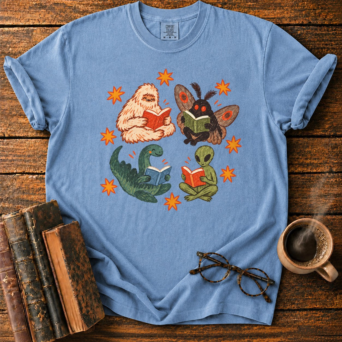 Four Cryptids Reading T-Shirt in Blue Jean – BooksThreads