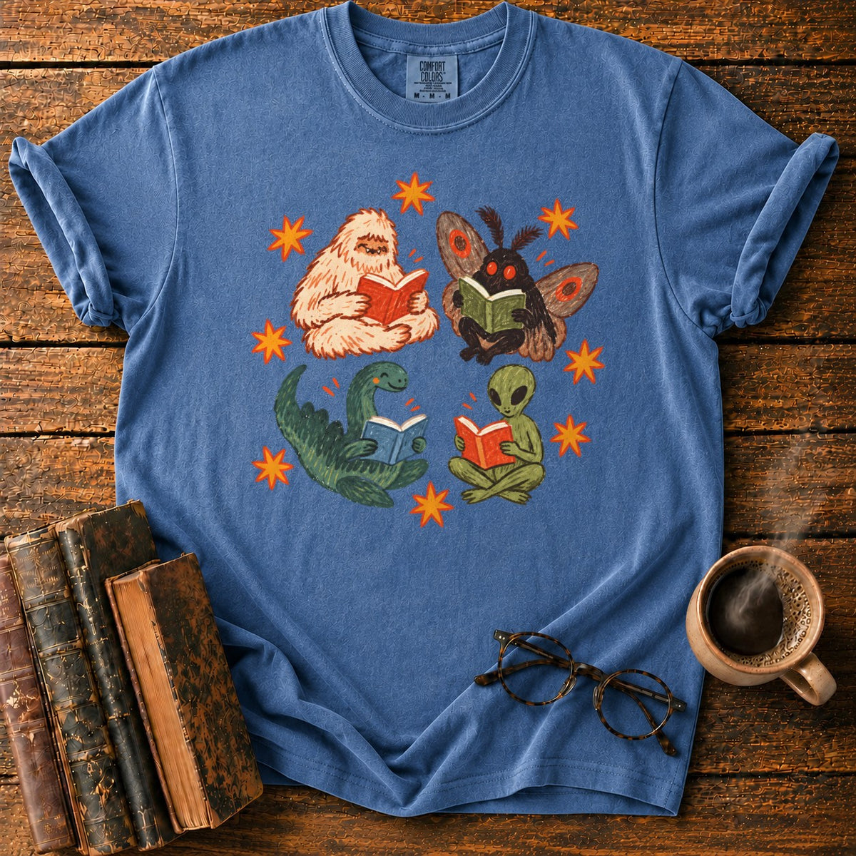 Four Cryptids Reading T-Shirt in Denim – BooksThreads