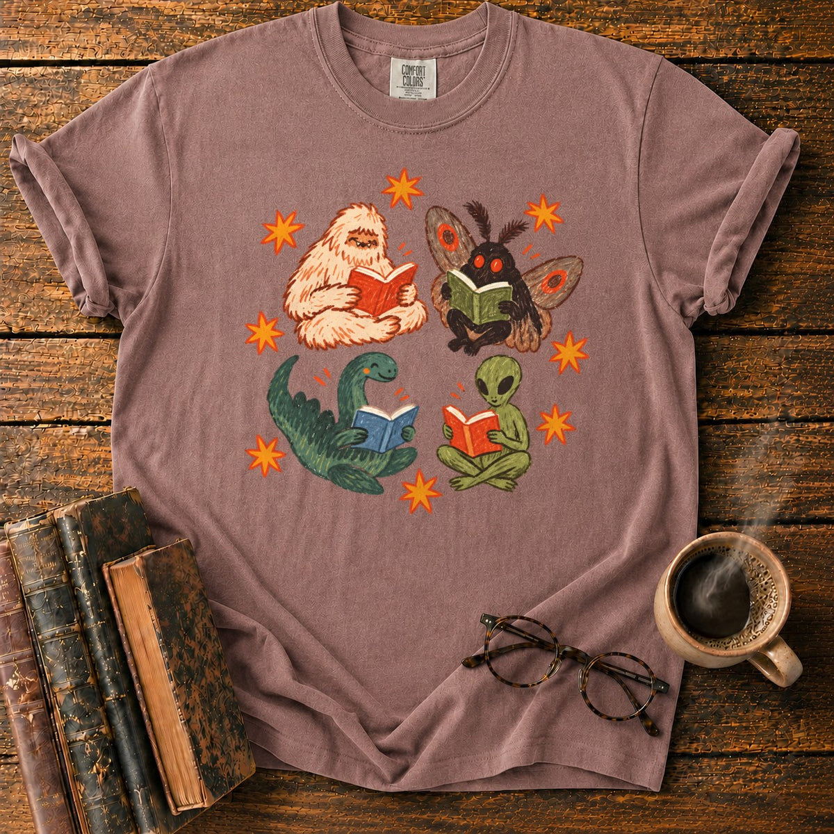 Four Cryptids Reading T-Shirt in Espresso – BooksThreads