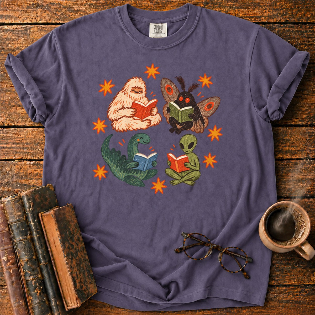 Four Cryptids Reading T-Shirt in Grape – BooksThreads