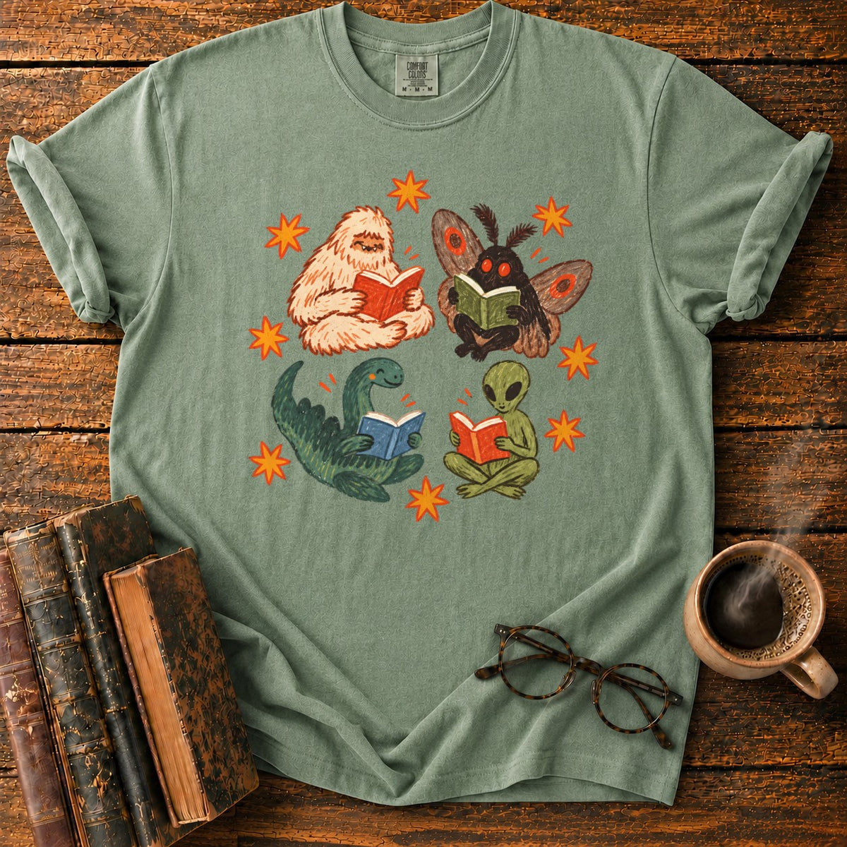 Four Cryptids Reading T-Shirt in Moss – BooksThreads