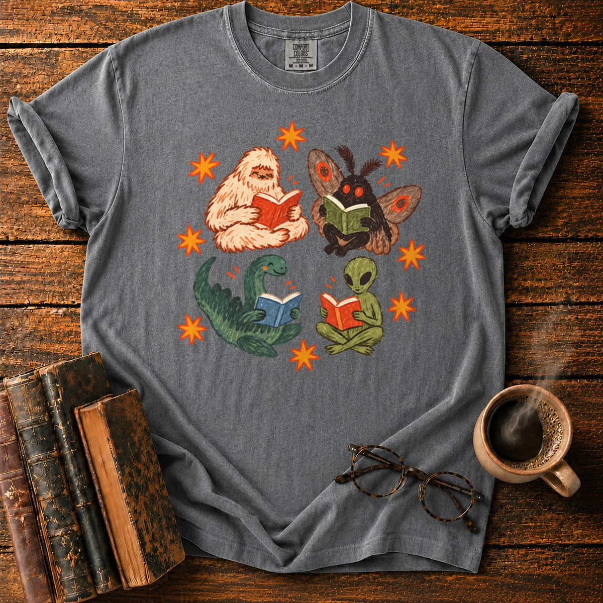 Four Cryptids Reading T-Shirt in Pepper – BooksThreads