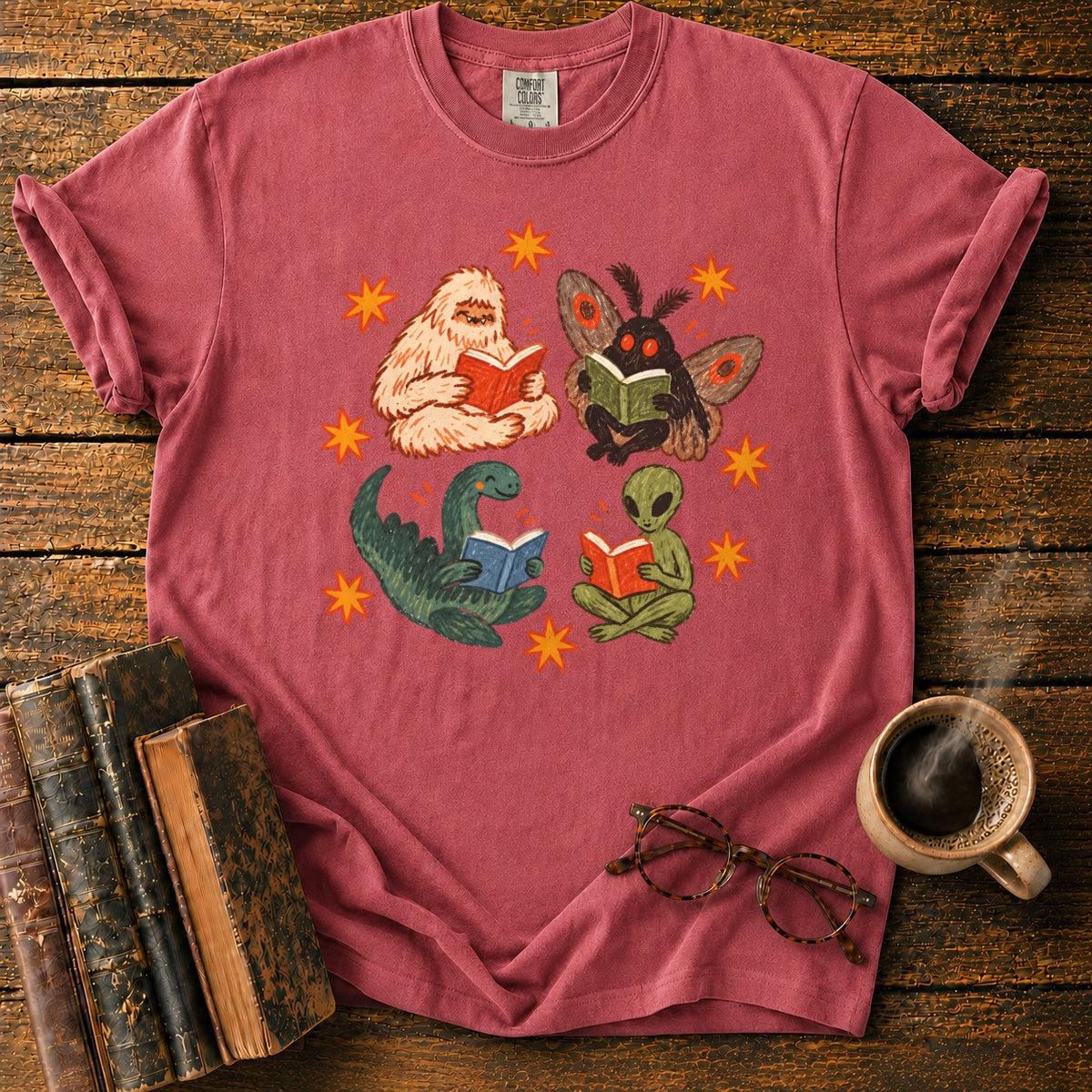 Four Cryptids Reading T-Shirt in Watermelon – BooksThreads