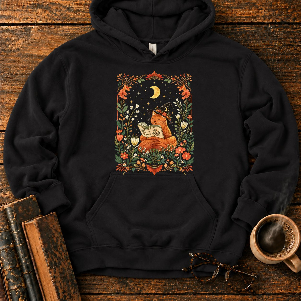 Fox Witch Reading Beneath Crescent Moon Hoodie in Black – BooksThreads