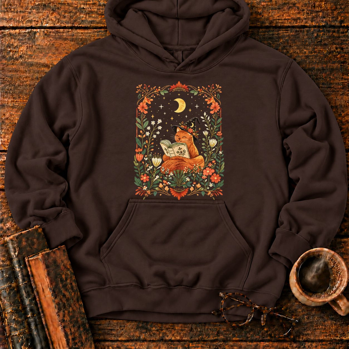 Fox Witch Reading Beneath Crescent Moon Hoodie in Dark Chocolate – BooksThreads