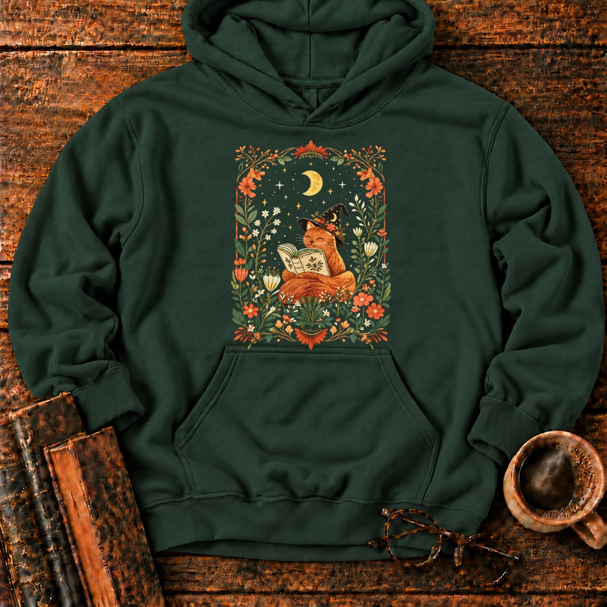 Fox Witch Reading Beneath Crescent Moon Hoodie in Forest Green – BooksThreads