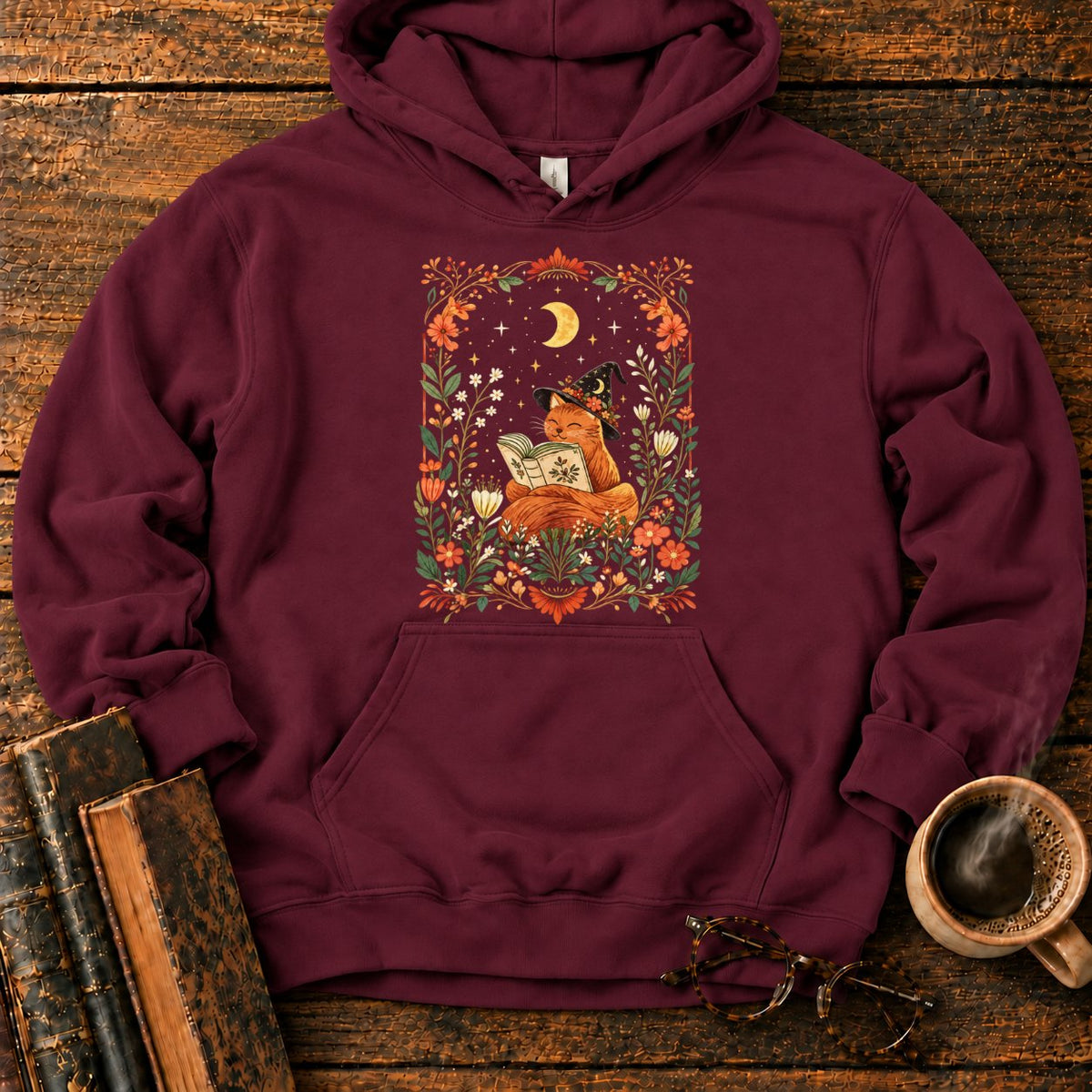 Fox Witch Reading Beneath Crescent Moon Hoodie in Maroon – BooksThreads