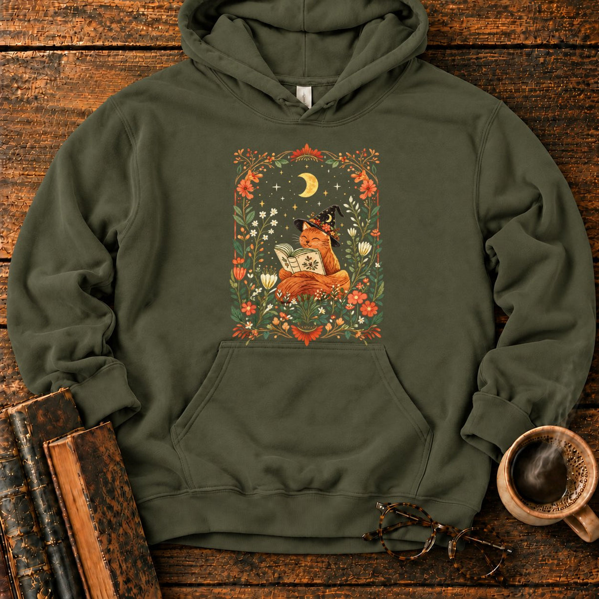 Fox Witch Reading Beneath Crescent Moon Hoodie in Military Green – BooksThreads