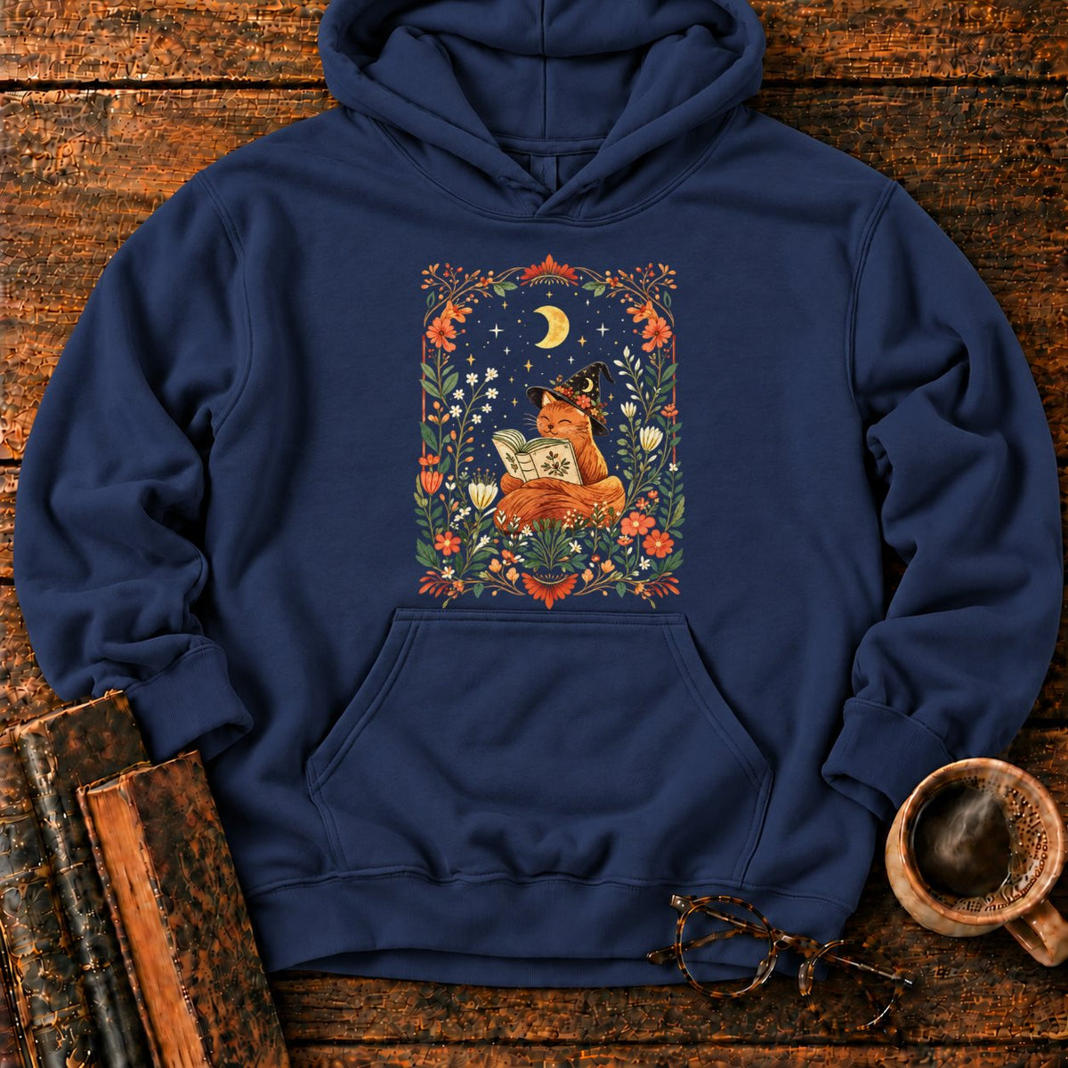 Fox Witch Reading Beneath Crescent Moon Hoodie in Navy – BooksThreads