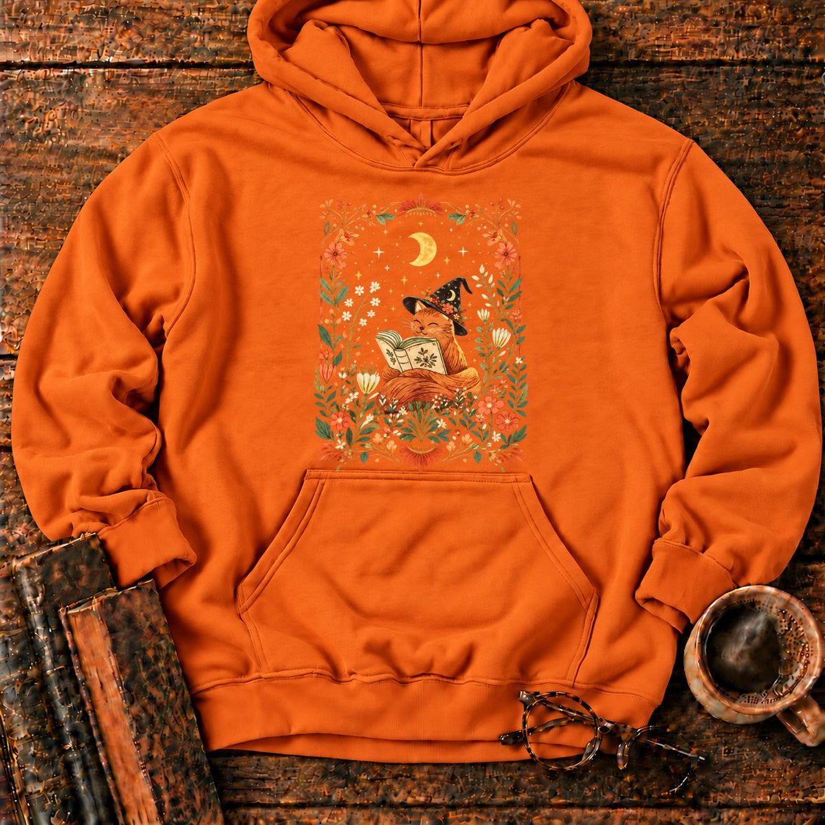 Fox Witch Reading Beneath Crescent Moon Hoodie in Orange – BooksThreads
