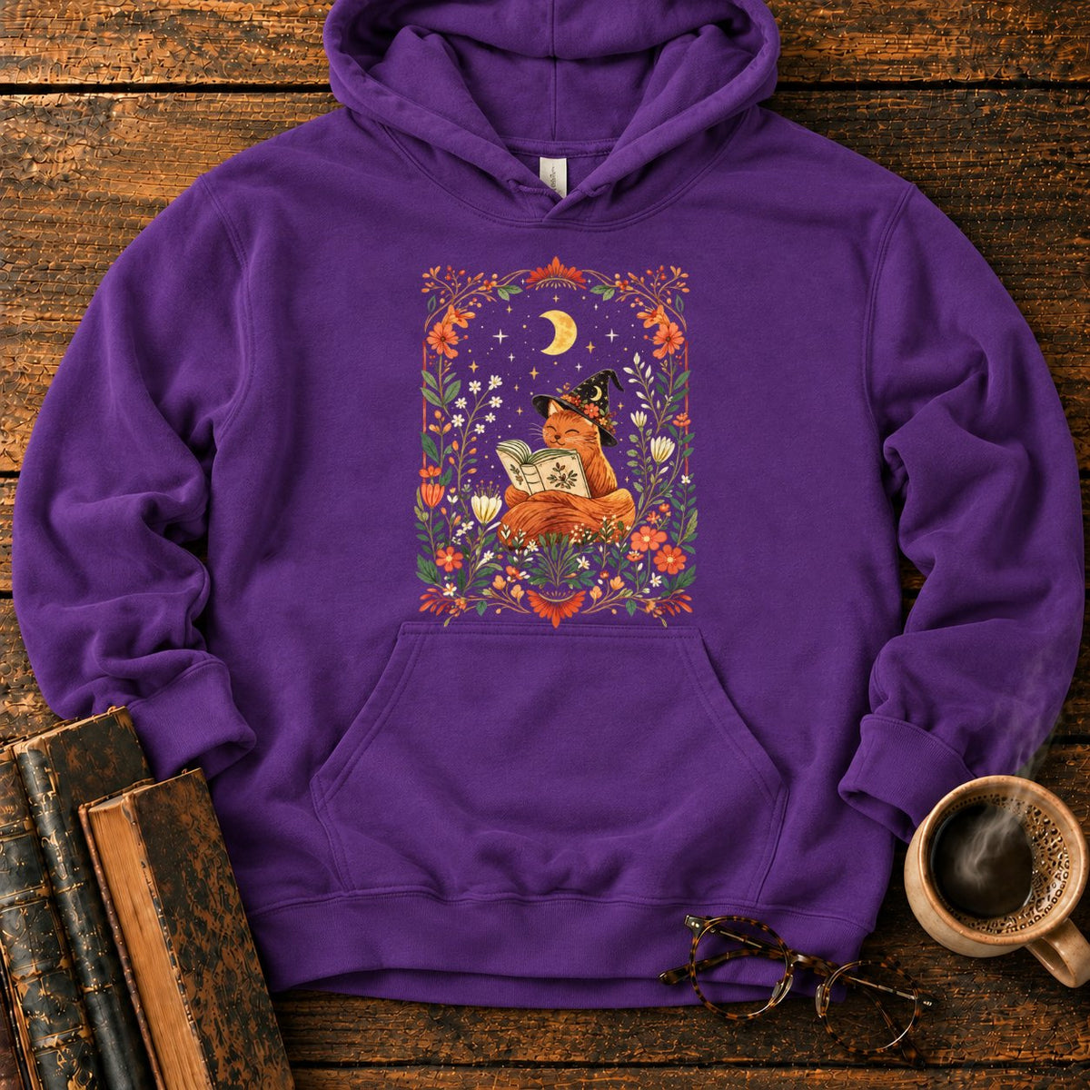 Fox Witch Reading Beneath Crescent Moon Hoodie in Purple – BooksThreads